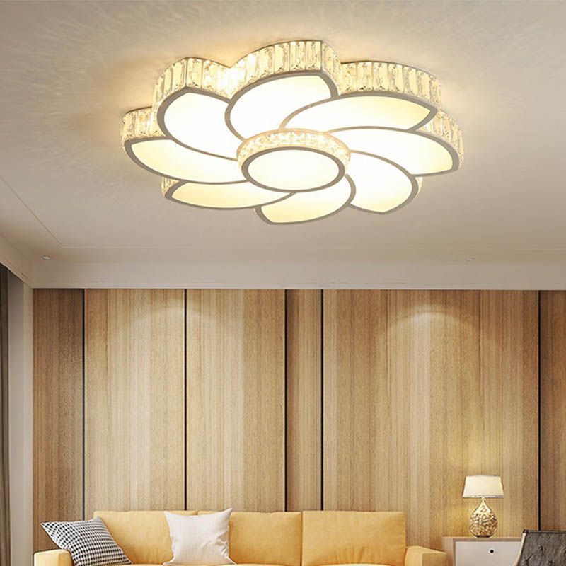 White 23.5"/31.5"/39" W LED Flush Light Contemporary Crystal Floral Ceiling Flush Mount for Bedroom in White/3 Color Light/Remote Control Stepless Dimming