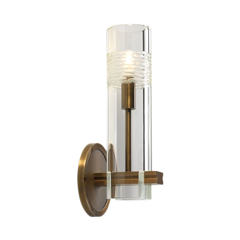 Clear Glass Tubular Sconce Light Modernism 1 Bulb Wall Lighting Fixture in Brass with Metal Arm