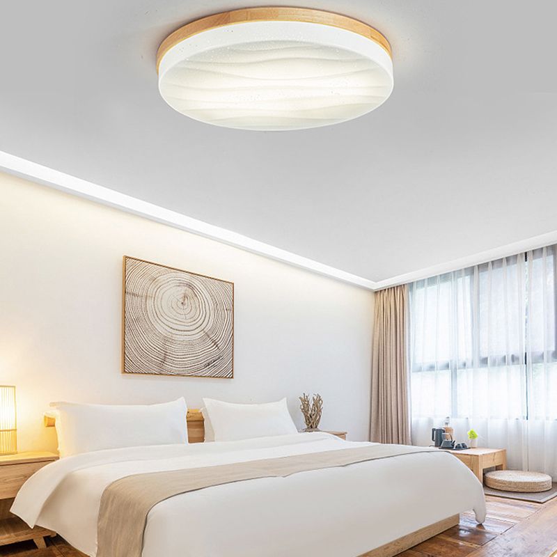 1-Light Round Flush Light Fixtures Modern Style Wood Flush Mount Lighting