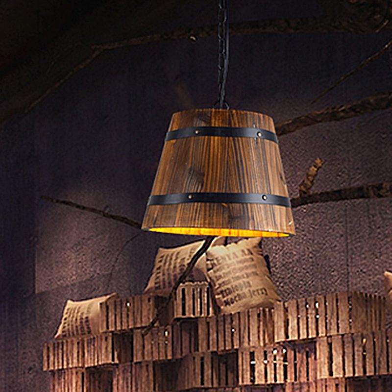 Wood Bucket Hanging Light Single Head Retro Suspension Lamp in Brown for Restaurant