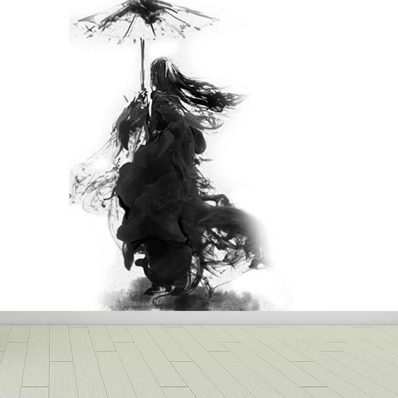 Black Modern Mural Wallpaper Huge Swordsman Portrait Wall Covering for Guest Room