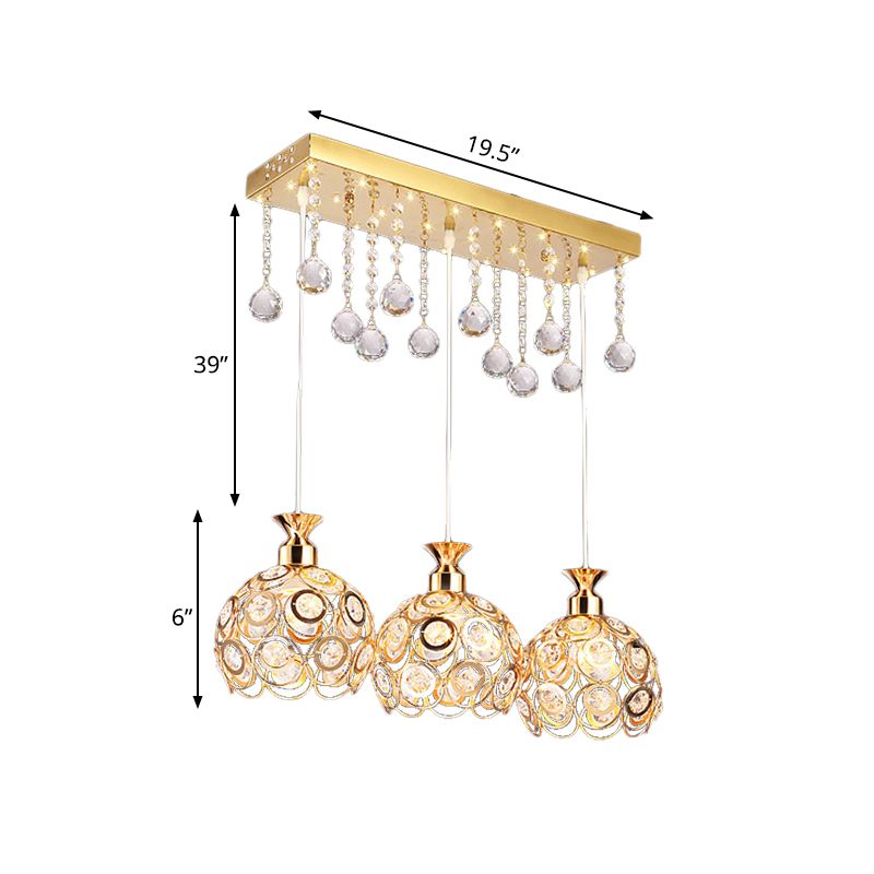 Gold Finish Domed Cluster Light Pendant Modern 3-Head Crystal Embedded Hanging Lamp Kit