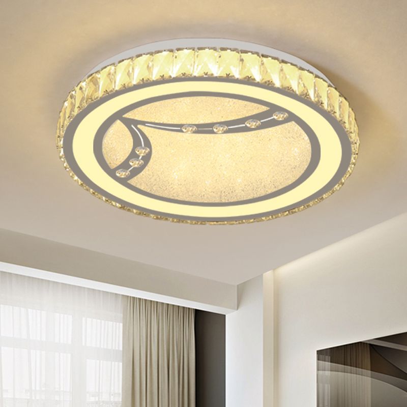 Minimalist Drum Ceiling Lamp Acrylic LED Bedroom Flush Mount Fixture with Crystal Bead Deco in Chrome, Warm/White Light