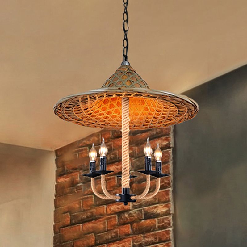 Candle Chandelier Lighting with Hat Design Lodge Style Rattan 5 Lights Beige Hanging Lamp for Dining Room