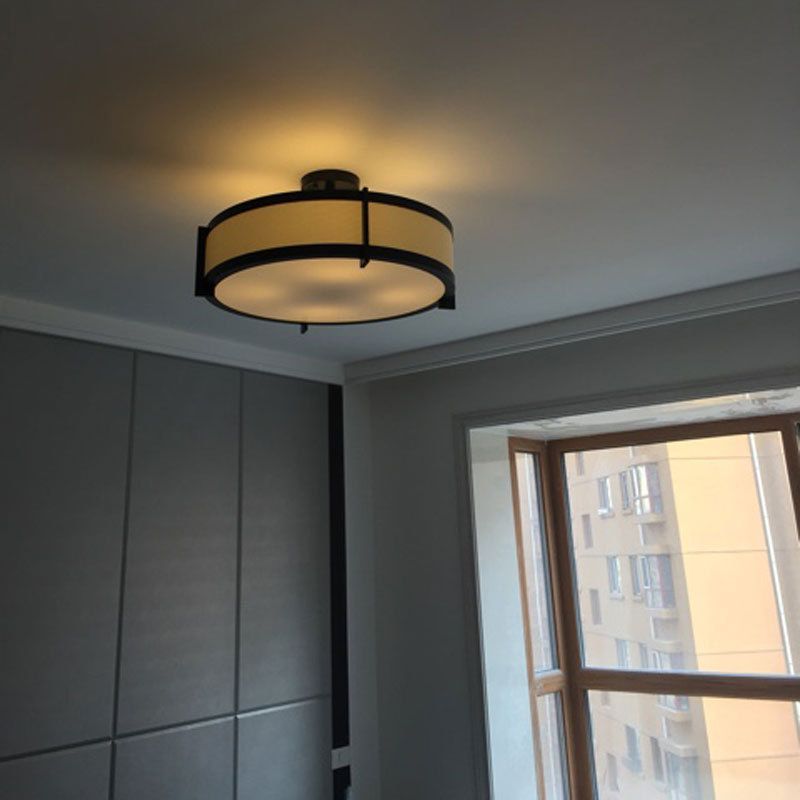 Lámpara de montaje semiempotrada de tambor negro, montaje empotrado de techo de tela minimalista moderno para sala de estar