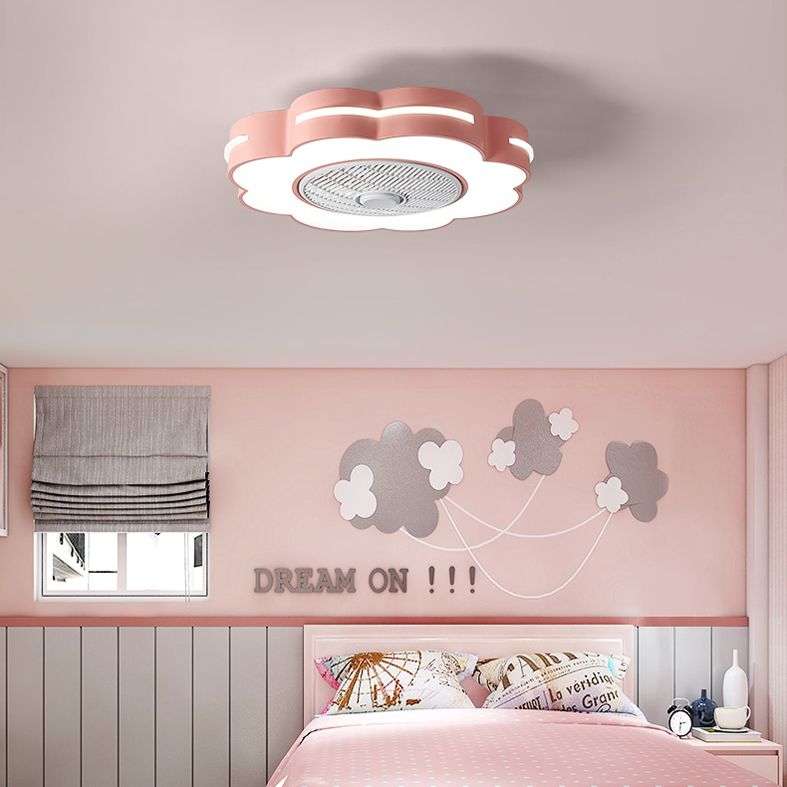 Macaron Drum Shaped Ceiling Fan Metal Child Bedroom LED Semi Flush Light