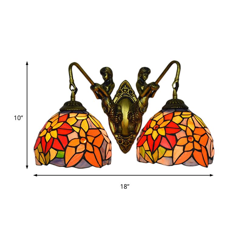 Orange Glass Floral Wall Mount Lighting Baroque 2 Heads Sconce Light with Mermaid Backplate