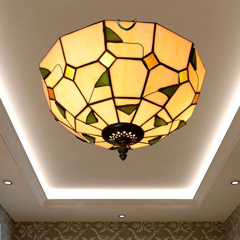 Plafonnier traditionnel à abat-jour en forme de bol, luminaire d'art en verre teinté