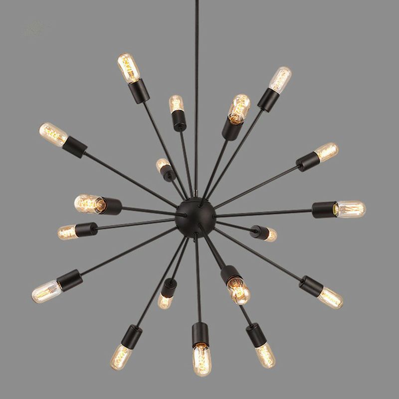 Iron Black Finish Pendant Chandelier Sunburst 18 Heads Industrial Suspension Light for Dining Room
