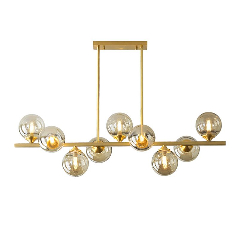 Mid-Century Modern Gold Metal Island Pendant Lighting Spherical Amber Glass Island Ceiling Light for Dining Table