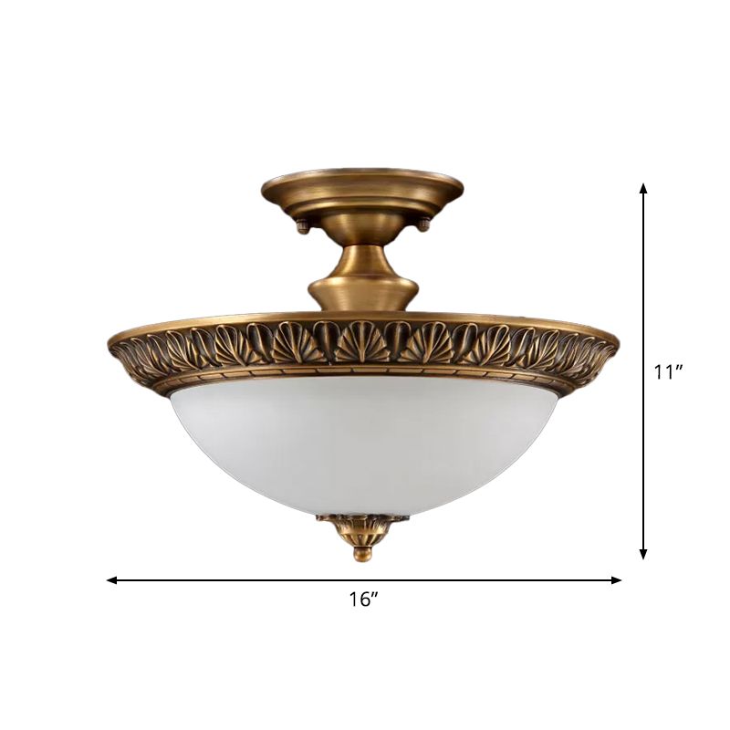 Small/Large Bowl Milk Glass Semi Flush Classic Bedroom LED Ceiling Light with Carved Cloud/Leaf/Flower Edge in Bronze