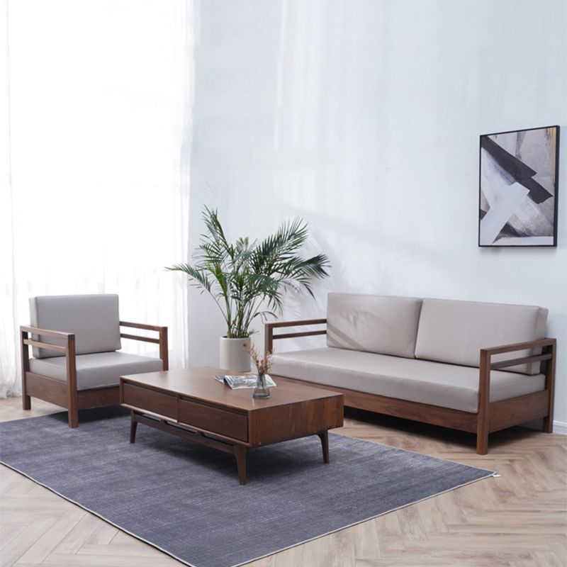 Solid Wood Farmhouse Loose Back Square Arm Sofa with Grey Cushions
