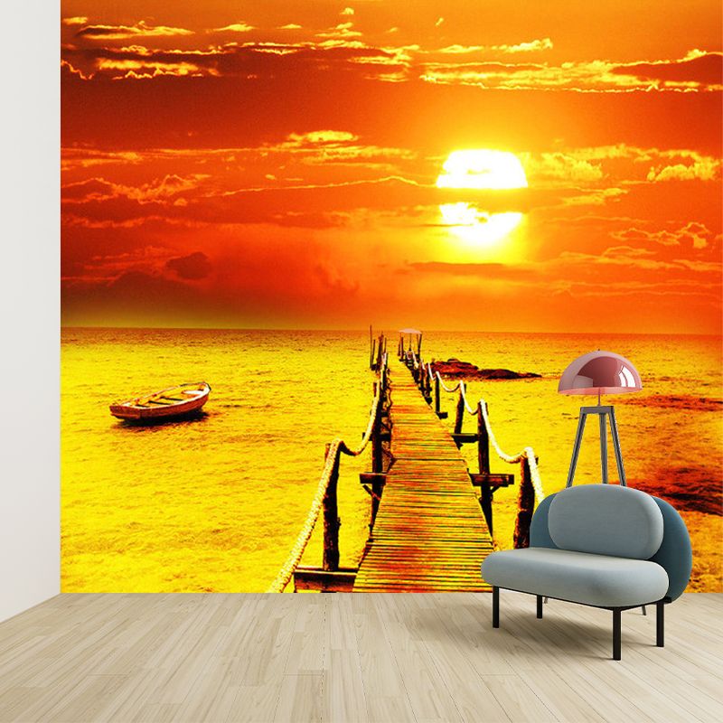 Sunset Bridge to Sea Murals Orange Contemporary Wall Decor for Living Room, Moisture Resistant