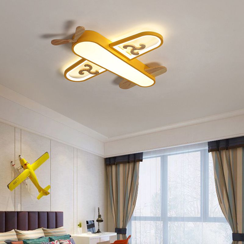 Plane Flush Ceiling Light Childrens Metal LED Flushmount Light with Wood Decoration for Bedroom