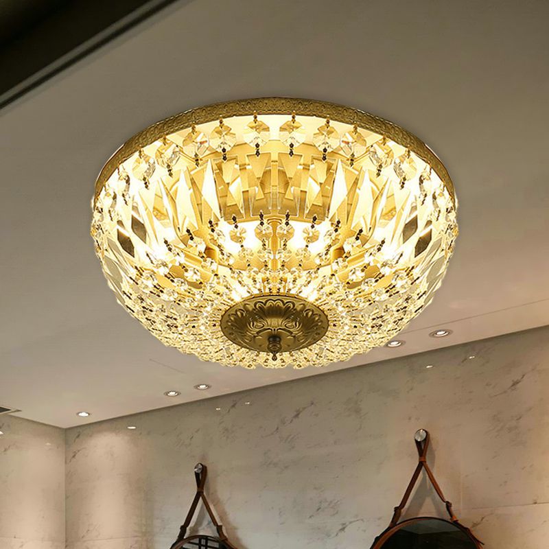 Modernism Dome Flush Light Clear Crystal Strand 4-Head Living Room Ceiling Lamp Fixture in Brass