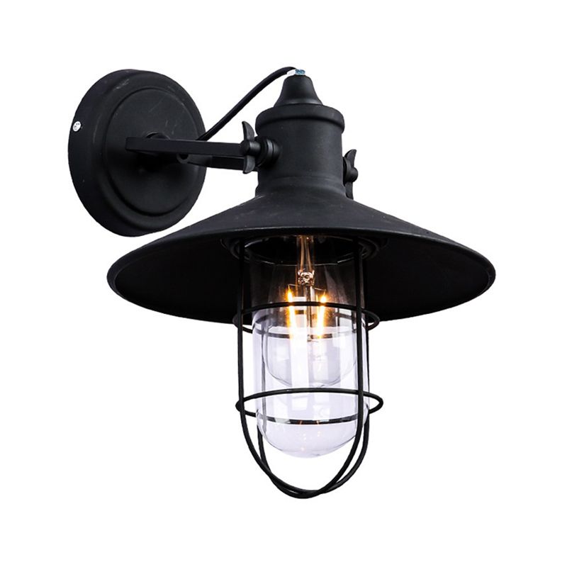 Black Finish Wire Cage Wall Lighting Industrial Metal 1 Light Coffee Shop Wall Mount Sconce with Clear Glass Shade