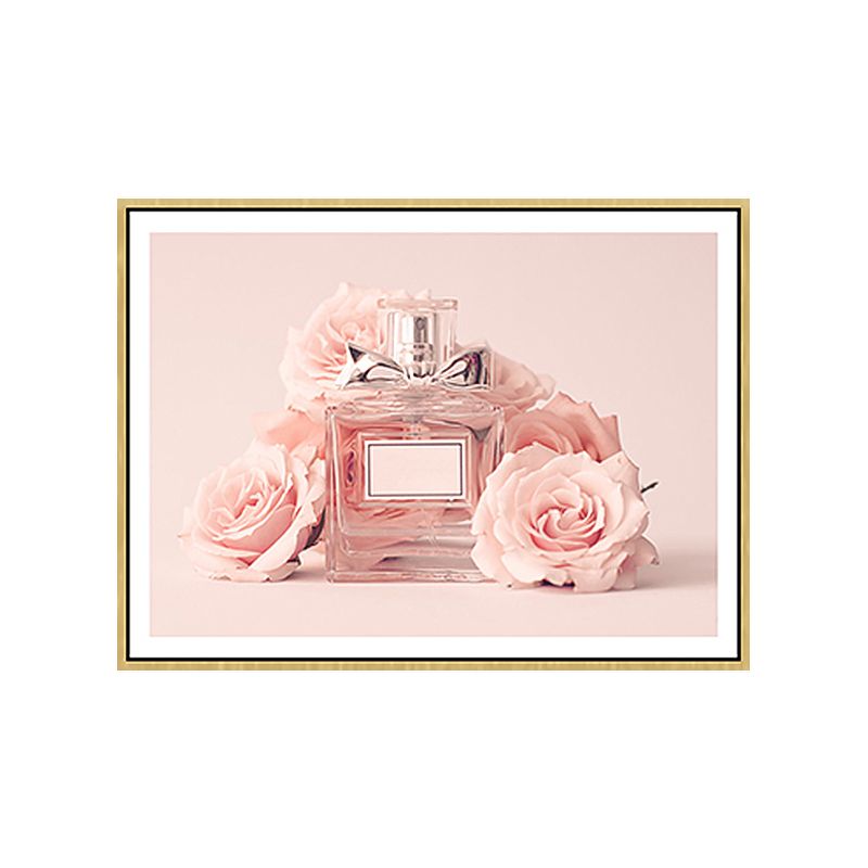 Pink Floral Perfume Canvas Print Photography Glam Style Textured Painting for Bedroom