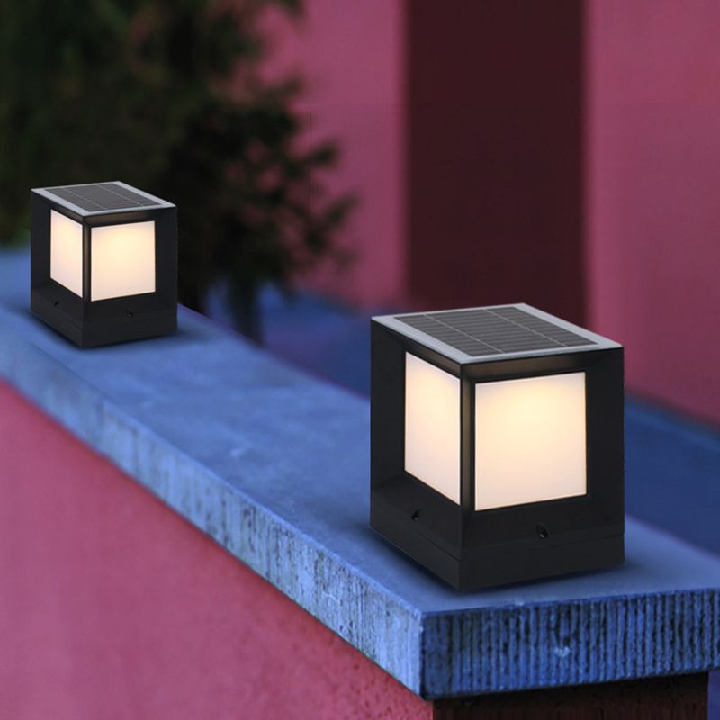 Contemporary Rectangular Outdoor Solar Pillar Lamp in Black for Courtyard