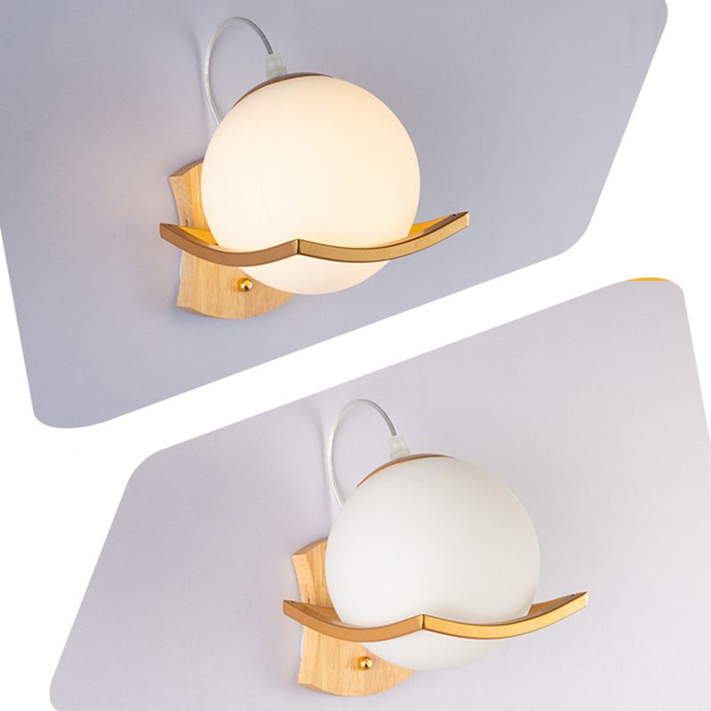 Modern Style Wooden Wall Sconce Glass Shade 1 Light Wall Mount Light Fixture