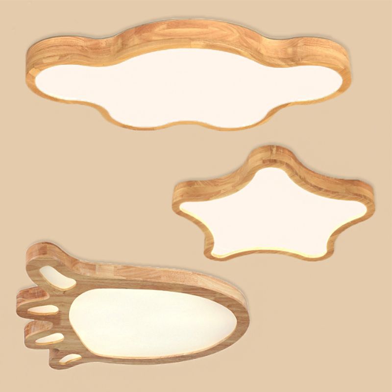Minimalist Cloud/Star Ceiling Lighting Wooden Childrens Bedroom LED Flush Mount Lamp in Beige, 21"/25"/29.5" Width
