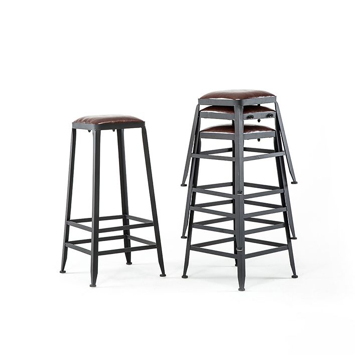 Dining Room Industrial Style Leather Barstool Iron 4 Legs Bar Stool with Pedal