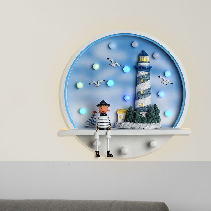 Wood Lighthouse Wall Sconce Kids LED Round Wall Lighting in White and Blue, White/3 Color Light