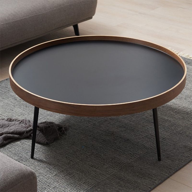 Round Wooden Coffee Table Black Tray Top Cocktail Table with 4 Legs