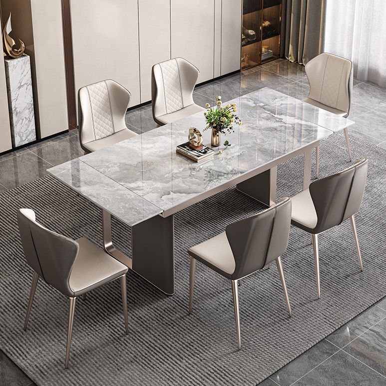 Minimalist Sintered Stone Extendable Dining Set Rectangle Kitchen Dining Set with Double Pedestal