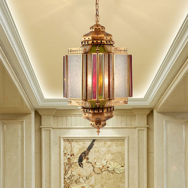 4 Lights Ceiling Chandelier Classic Porch Hanging Lamp with Lantern Frosted Glass Shade in Brass