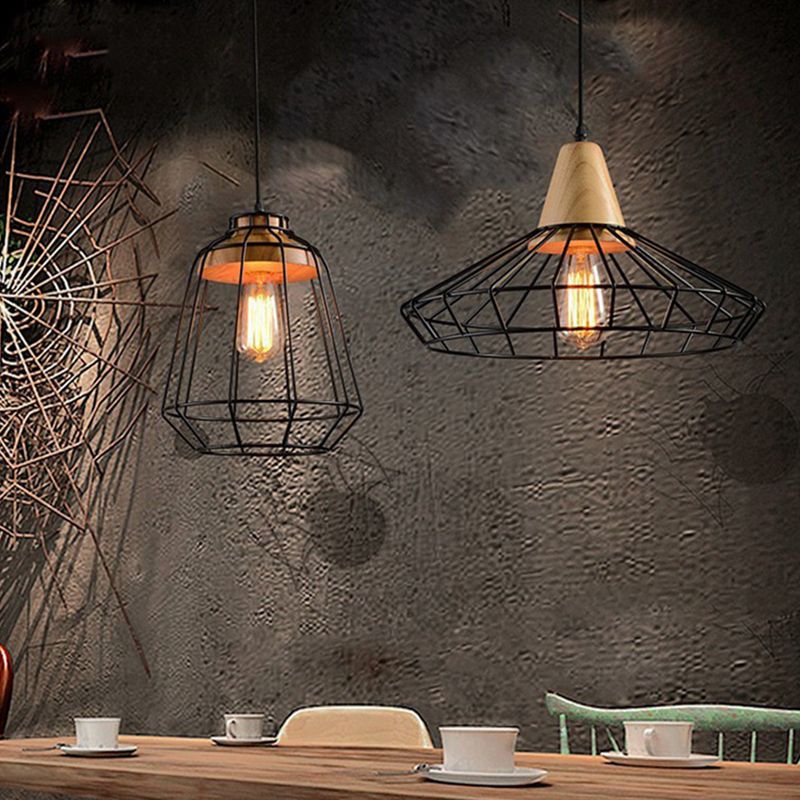 Wrought Iron Black Hanging Light in Industrial Vintage Style Wooden Single Pendant Light with Iron Frame