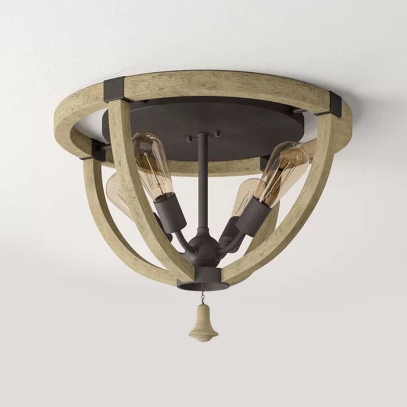Wood Khaki Semi Mount Lighting Dome Frame 4-Bulb Warehouse Style Ceiling Flush Light