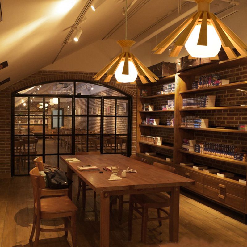 Beige Wood Umbrella Hanging Light Nordic Modern Style 1 Light Restaurant Ceiling Pendant Lamp