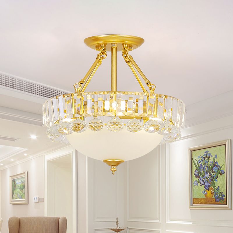 Gold Dome Semi Flush Chandelier Modern 3 Heads Frosted Glass Ceiling Lighting with Crystal Ball Deco