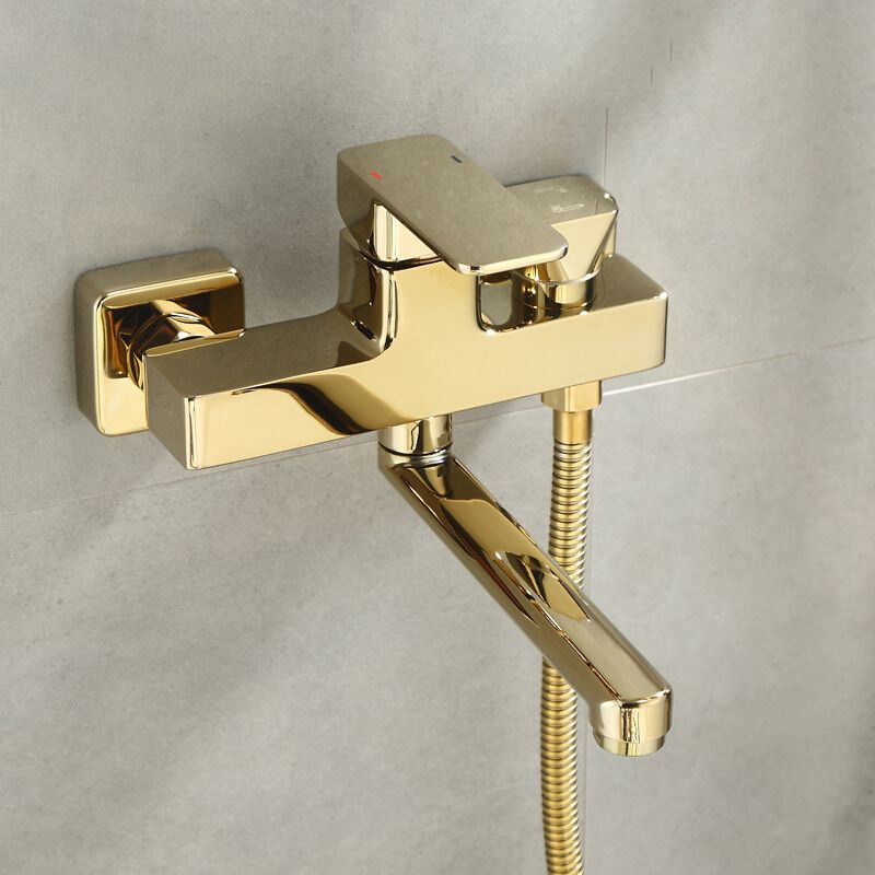 Wall Mounted Gold Bathtub Faucet Swivel Spout Lever Handle with Hand Shower