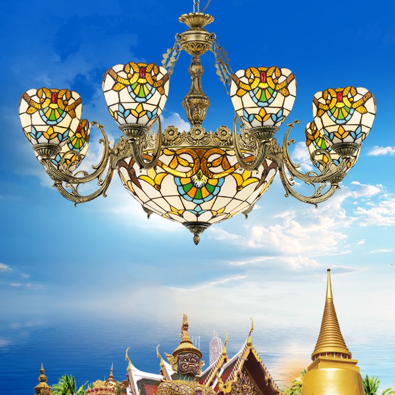 Lampada lampadario a forma di ciotola macchiata di vetro in vetro a pendente in stile tiffante beige