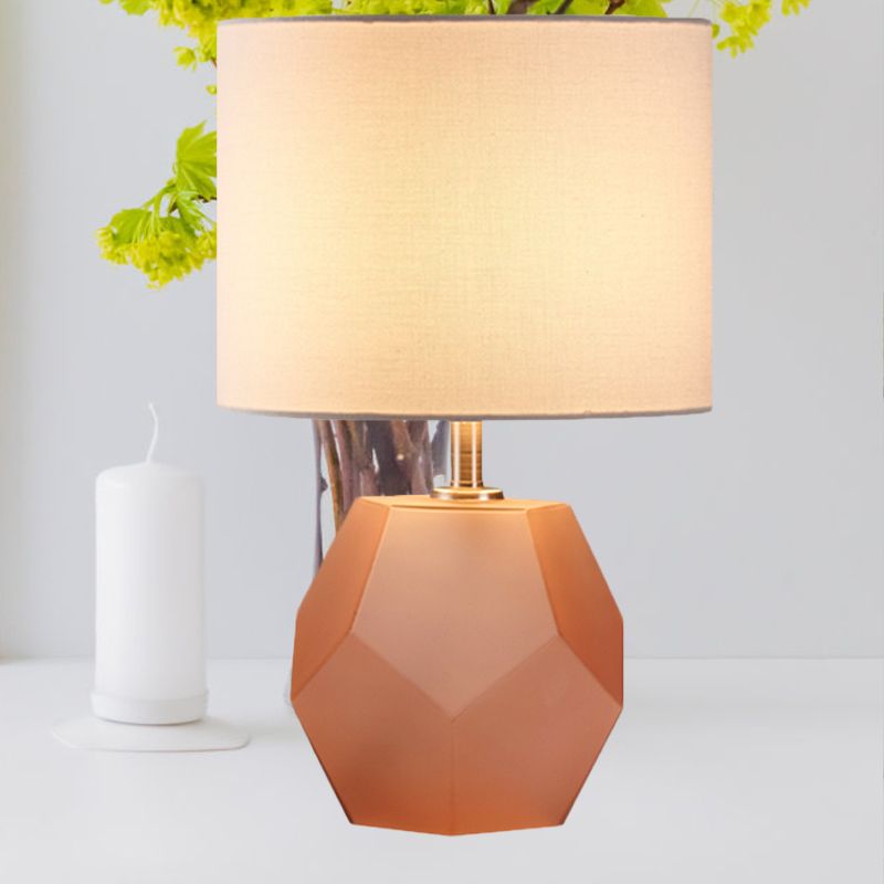 Single-Bulb 3D Hexagon Table Lamp Modern Grey/Pink/Yellow Glass Night Light with Drum Fabric Shade