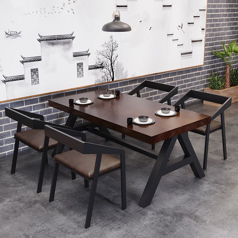 Industrial Solid Wood Dining Table Brown Rectangle Table with Trestle Base for Dinning Room