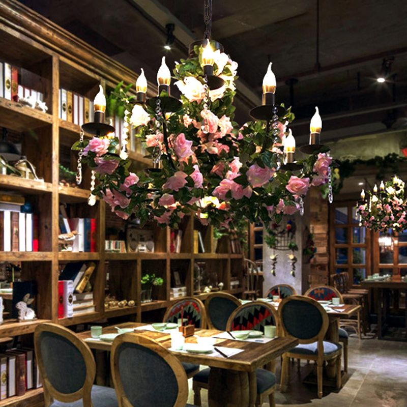 Lampadella a soffitto a 10 bulboni Candelabro antichissimi ciondoli in metallo con goccia di metallo con rosa/viola e rosso fiore falso deco