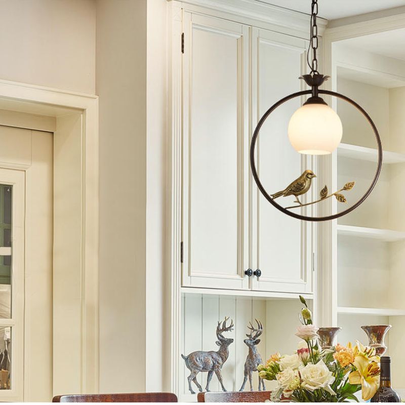 1 Light Ring Pendant Light Fixture Minimalist Gold/Black Metal Hanging Light with Bird Decoration