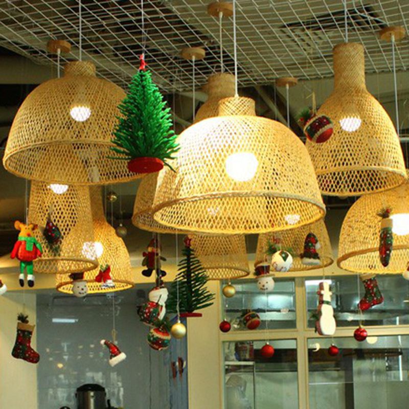 Woven Shade Suspension Light Minimalistic Bamboo 1-Head Beige Hanging Ceiling Light