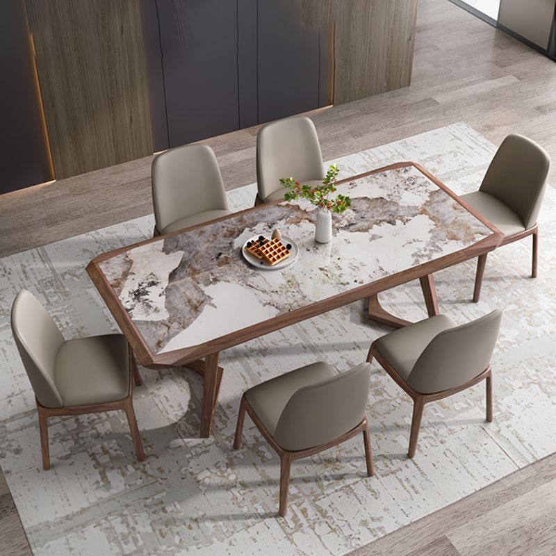 Modern Brown Finish Legs Dining Site Table Stone Top Double Pedestal Table