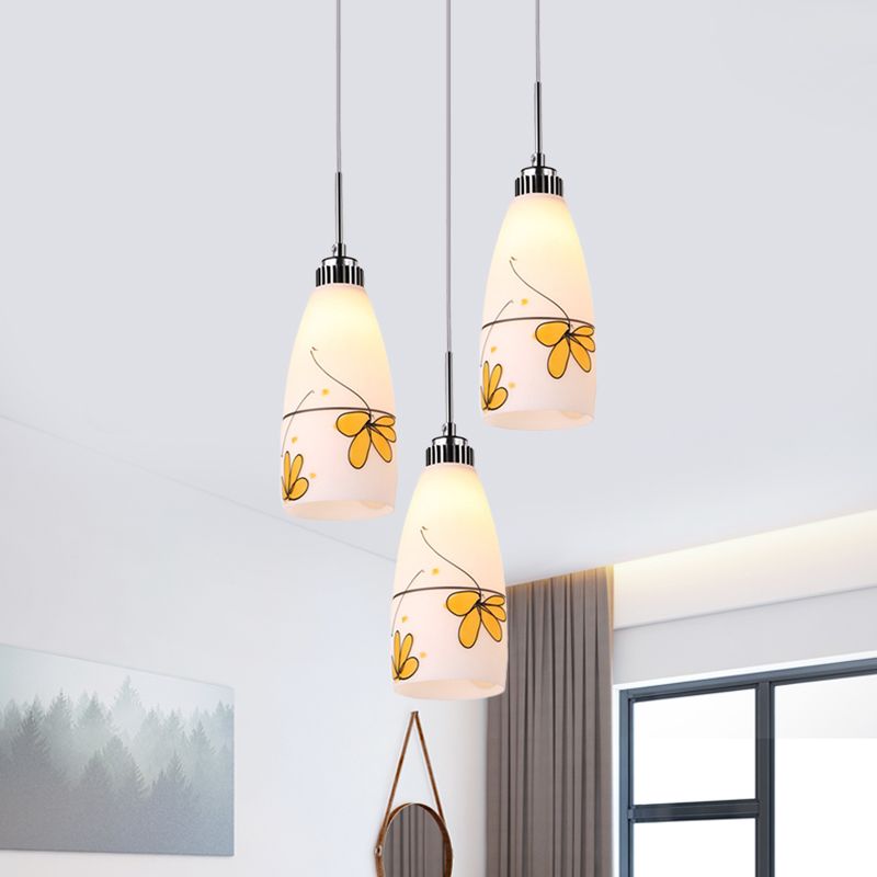 3-Bulb Cone Multiple Hanging Lamp Minimalism Black/Yellow/Blue Printing Glass Pendulum Lamp with Linear/Round Canopy