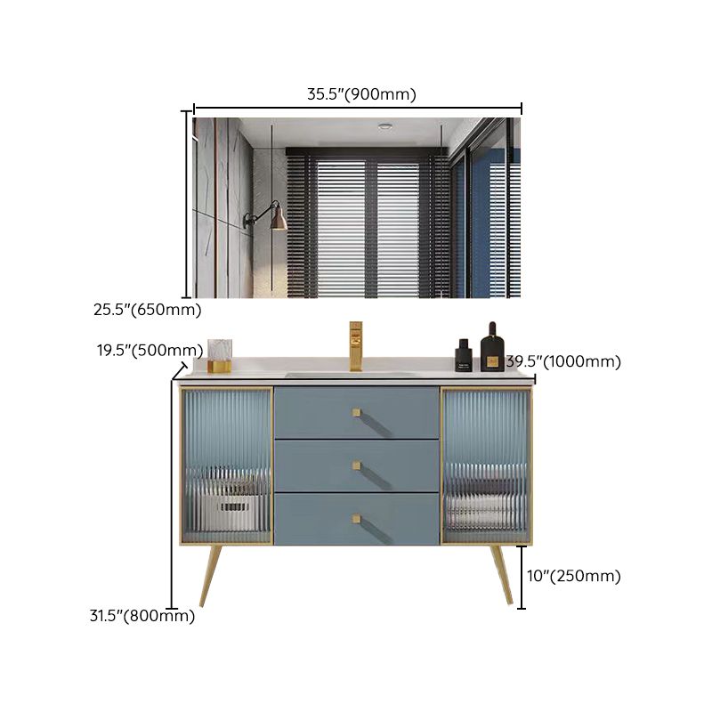 Freestanding Bathroom Vanity Blue Wood Frame Single Sink Rectangular Vanity with 3 Drawers