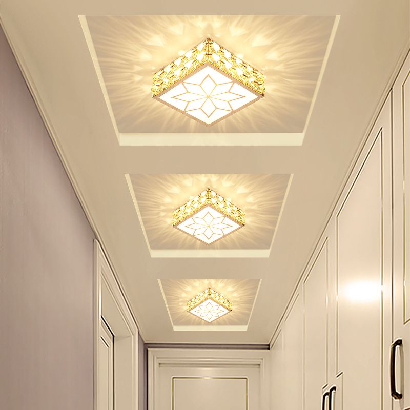 Square Ceiling Mount Light Fixture Simple Crystal Embedded Clear LED Flush Mounted Light for Hallway