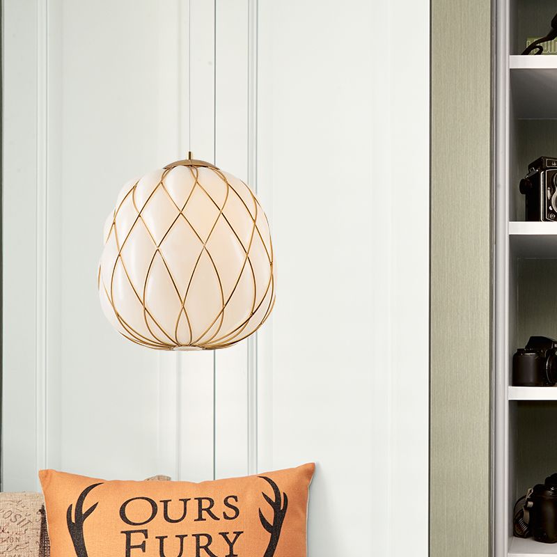 Wrapped White Glass Pendulum Light Modernism Gold 1 Head Ceiling Lamp for Bedroom