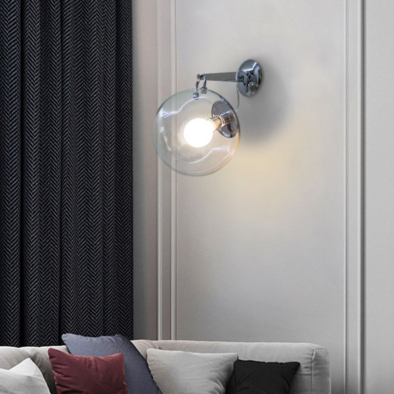 Industrial Metal Wall Light Silver Globe Wall Sconce with Glass for Bedroom
