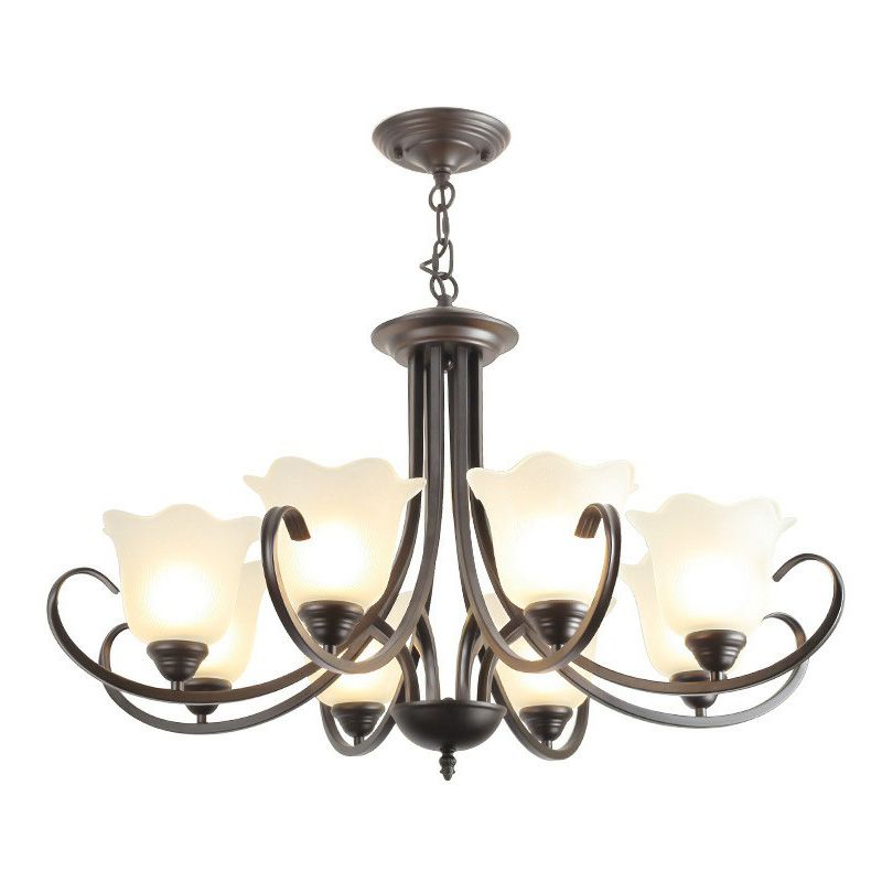 Classic Floral Chandelier Lighting Iron Pendant Light with Ruffled Cream Glass Shade