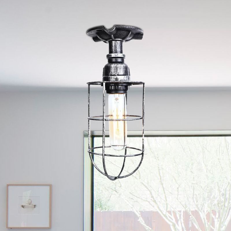 Black / Bronze 1 Bulb Semi-Flush Mount Light Vintage Metal Wire Guard Ceiling Mounted Light for Corridor