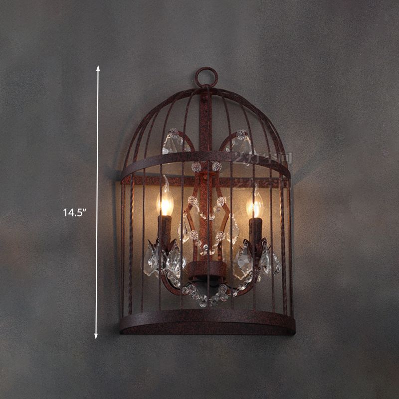 2 Heads Crystal Wall Sconce Industrial Rust Birdcage Living Room Metal Wall Mounted Light
