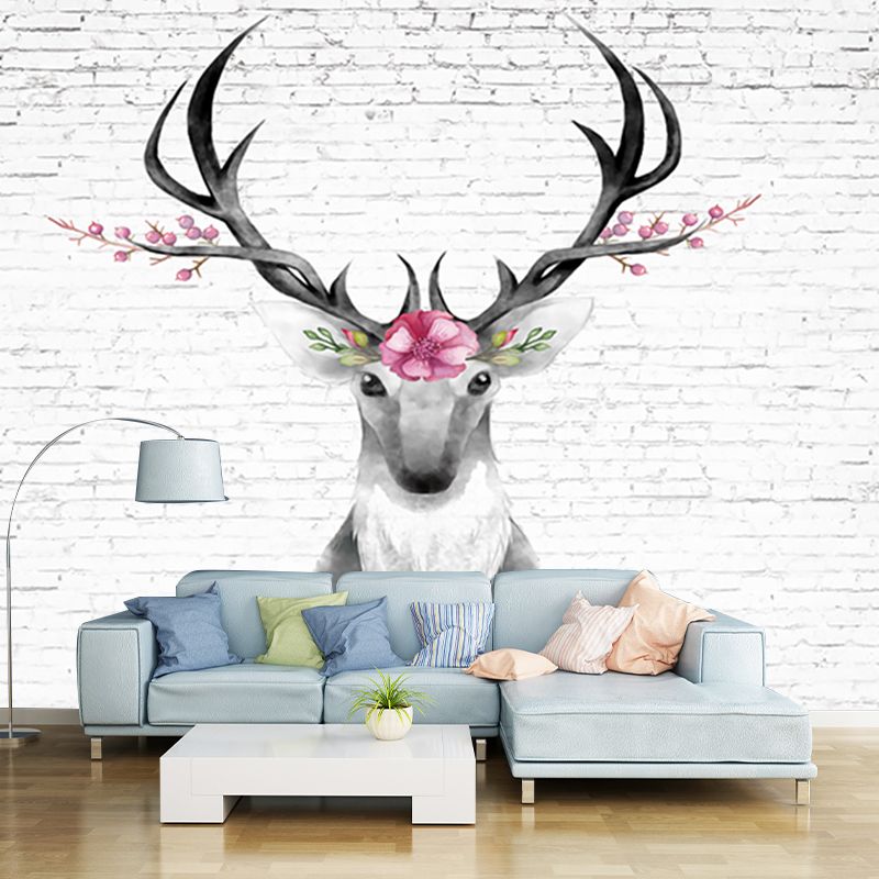 Deer Head and Brick Mural Wallpaper Grey and Pink Art Deco Wall Covering for Bedroom